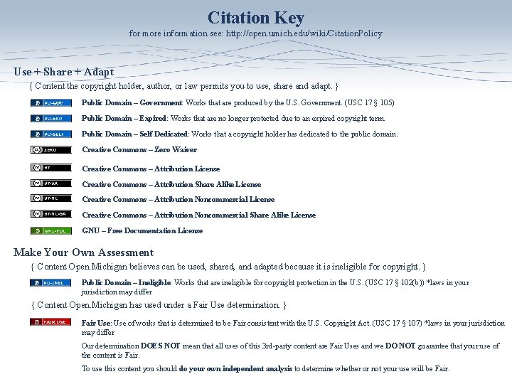 Citation Key for more information see: http: //open. umich. edu/wiki/Citation. Policy Use + Share