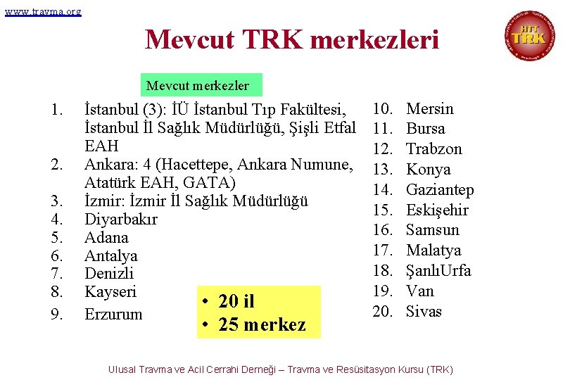 www. travma. org Mevcut TRK merkezleri Mevcut merkezler 1. 2. 3. 4. 5. 6.