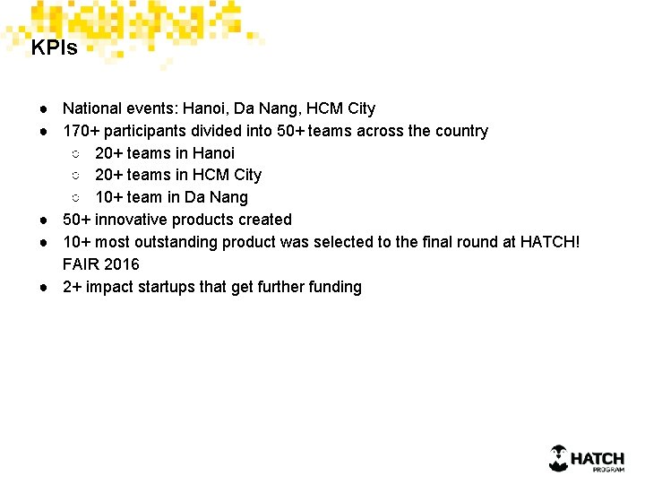 KPIs ● National events: Hanoi, Da Nang, HCM City ● 170+ participants divided into