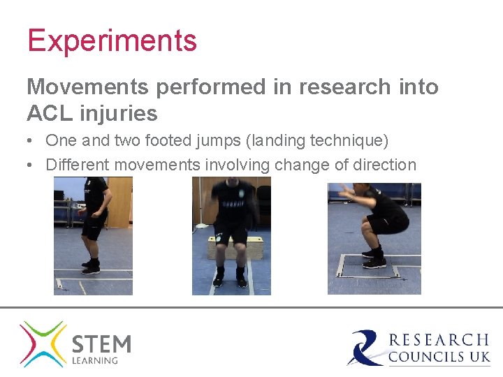 Experiments Movements performed in research into ACL injuries • One and two footed jumps
