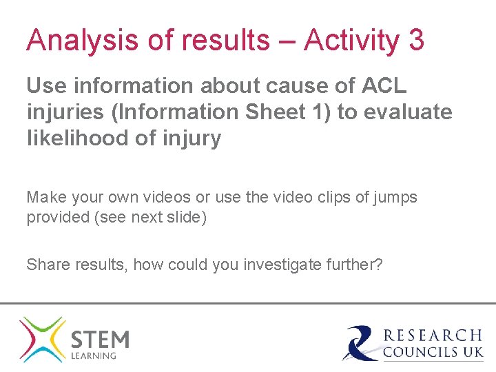 Analysis of results – Activity 3 Use information about cause of ACL injuries (Information