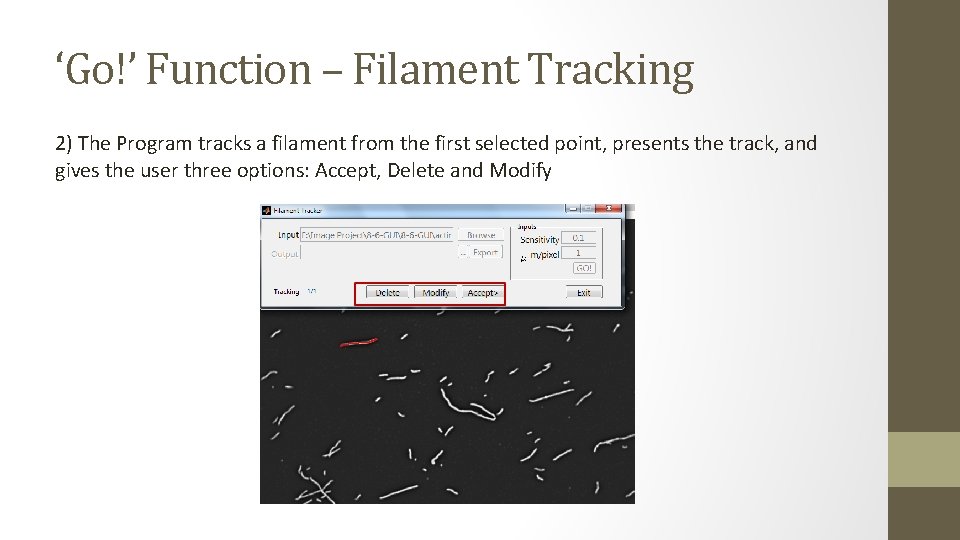 ‘Go!’ Function – Filament Tracking 2) The Program tracks a filament from the first