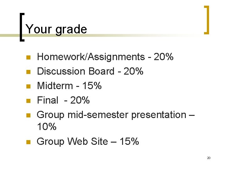 Your grade n n n Homework/Assignments - 20% Discussion Board - 20% Midterm -