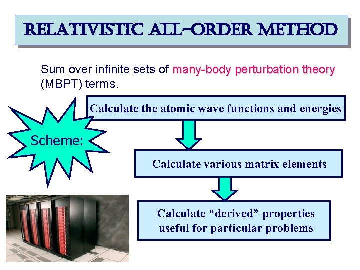 relativistic all-order method Sum over infinite sets of many-body perturbation theory (MBPT) terms. Calculate