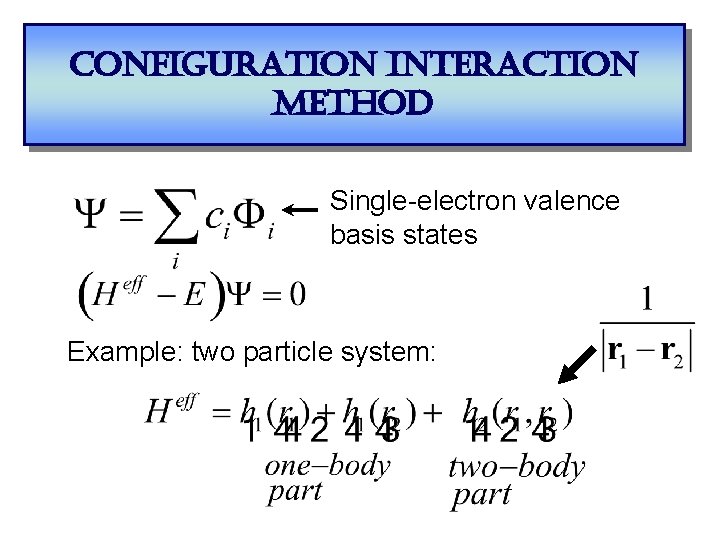 configuration interaction method Single-electron valence basis states Example: two particle system: 