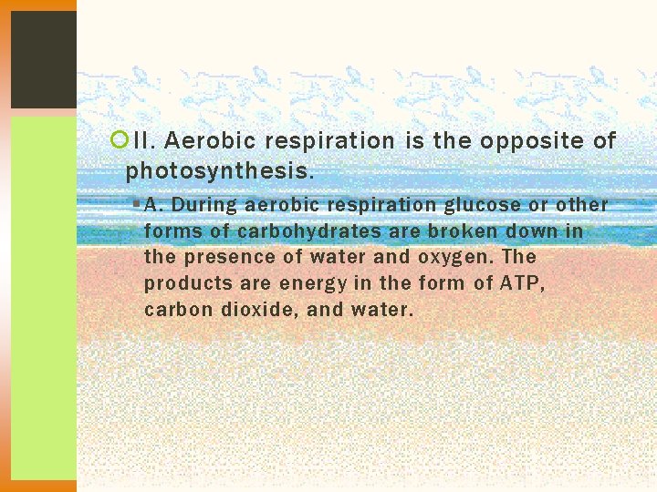  II. Aerobic respiration is the opposite of photosynthesis. § A. During aerobic respiration