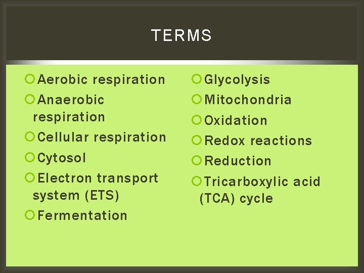 TERMS Aerobic respiration Anaerobic respiration Cellular respiration Cytosol Electron transport system (ETS) Fermentation Glycolysis