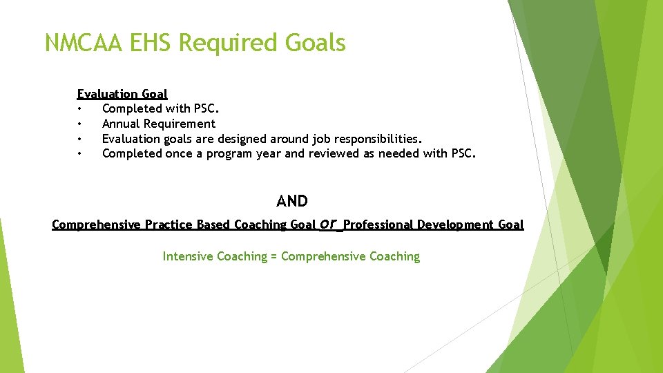 NMCAA EHS Required Goals Evaluation Goal • Completed with PSC. • Annual Requirement • NMCAA EHS Required Goals Evaluation Goal • Completed with PSC. • Annual Requirement •