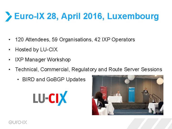 Euro-IX 28, April 2016, Luxembourg • 120 Attendees, 59 Organisations, 42 IXP Operators •