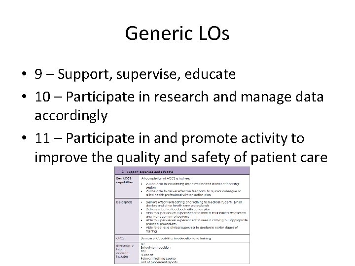 Generic LOs • 9 – Support, supervise, educate • 10 – Participate in research