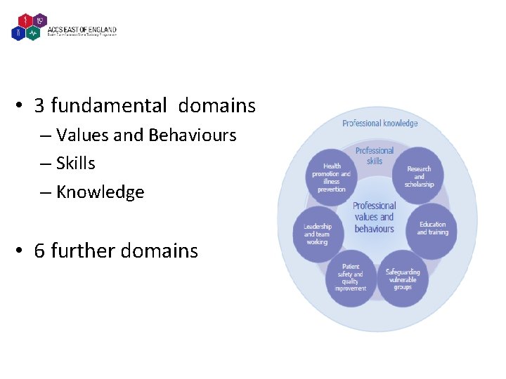  • 3 fundamental domains – Values and Behaviours – Skills – Knowledge •