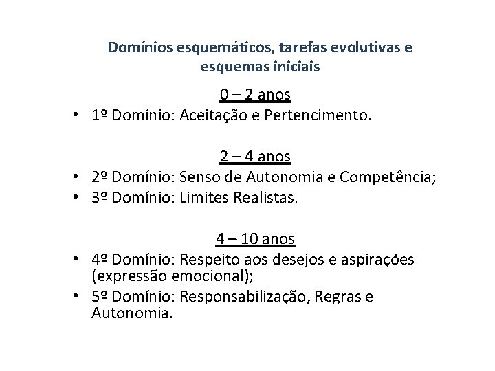 Domínios esquemáticos, tarefas evolutivas e esquemas iniciais 0 – 2 anos • 1º Domínio: