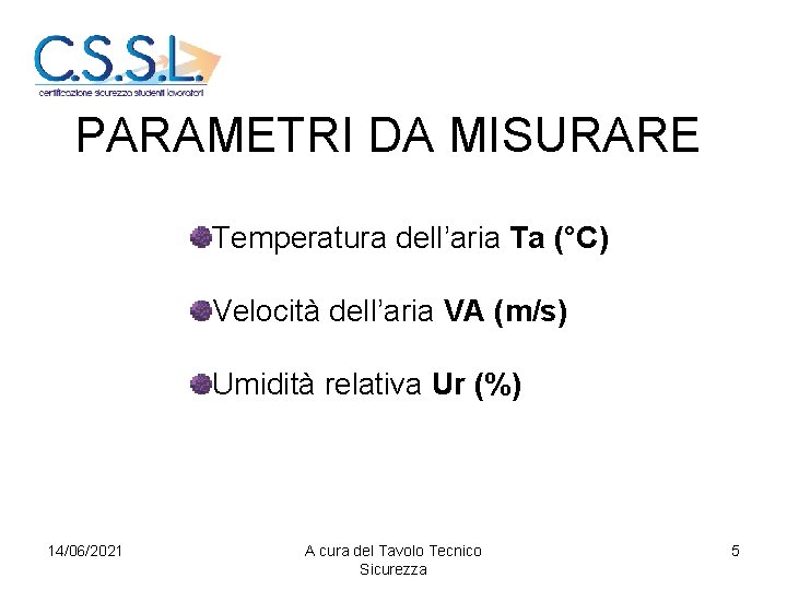 PARAMETRI DA MISURARE Temperatura dell’aria Ta (°C) Velocità dell’aria VA (m/s) Umidità relativa Ur