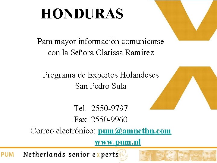HONDURAS Para mayor información comunicarse con la Señora Clarissa Ramírez Programa de Expertos Holandeses HONDURAS Para mayor información comunicarse con la Señora Clarissa Ramírez Programa de Expertos Holandeses