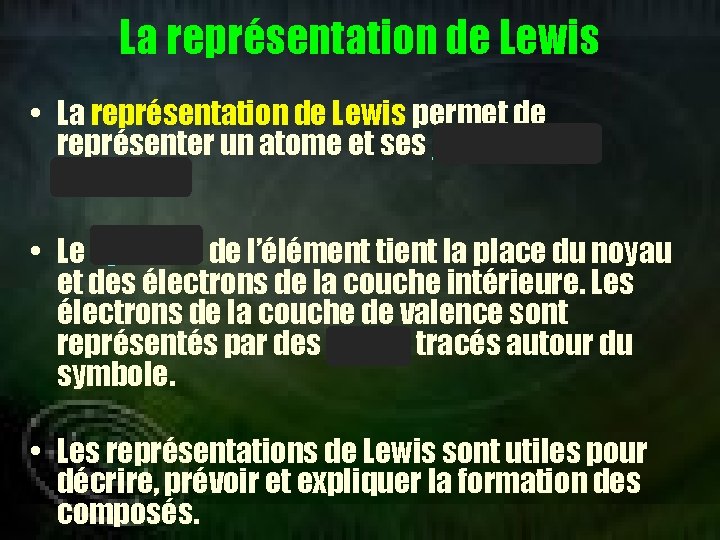 La représentation de Lewis • La représentation de Lewis permet de représenter un atome