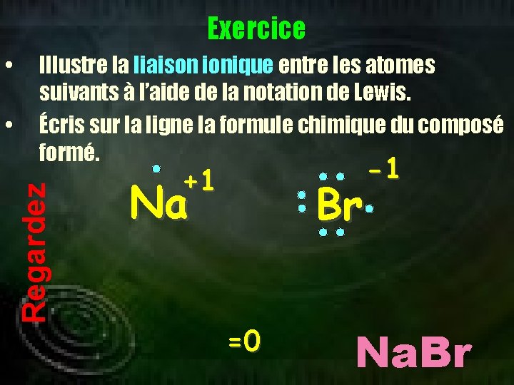 Exercice • Illustre la liaison ionique entre les atomes suivants à l’aide de la