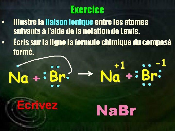 Exercice • • Illustre la liaison ionique entre les atomes suivants à l’aide de