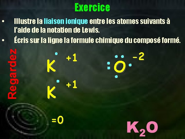 Exercice • Illustre la liaison ionique entre les atomes suivants à l’aide de la