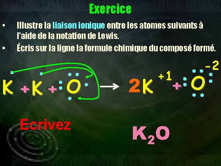 Exercice • • Illustre la liaison ionique entre les atomes suivants à l’aide de
