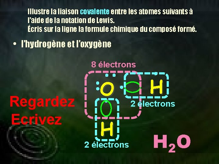 Illustre la liaison covalente entre les atomes suivants à l’aide de la notation de