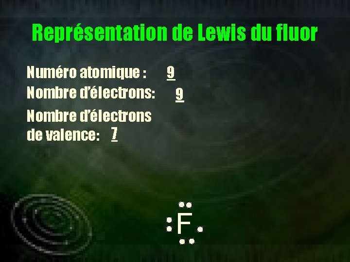 Représentation de Lewis du fluor Numéro atomique : 9 Nombre d’électrons de valence: 7