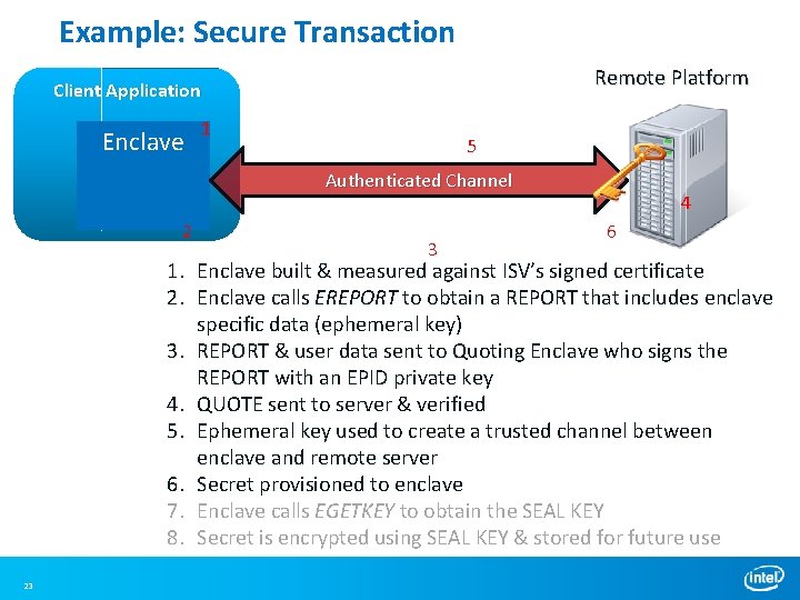 Example: Secure Transaction Remote Platform Client Application Enclave 2 1 5 5 Authenticated Channel Example: Secure Transaction Remote Platform Client Application Enclave 2 1 5 5 Authenticated Channel