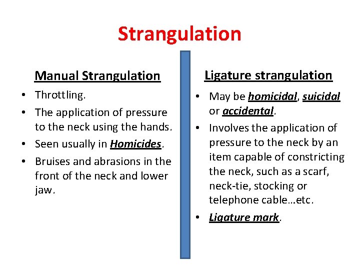 Strangulation Manual Strangulation Ligature strangulation • Throttling. • The application of pressure to the