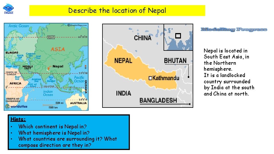 Describe the location of Nepal is located in South East Asia, in the Northern Describe the location of Nepal is located in South East Asia, in the Northern