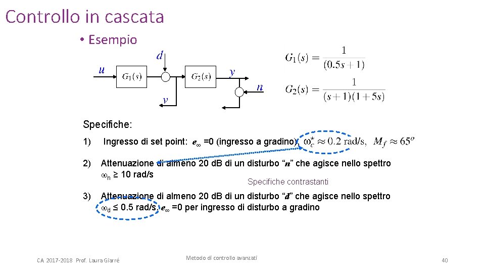 Controllo in cascata • Esempio Specifiche: 1) Ingresso di set point: e∞ =0 (ingresso