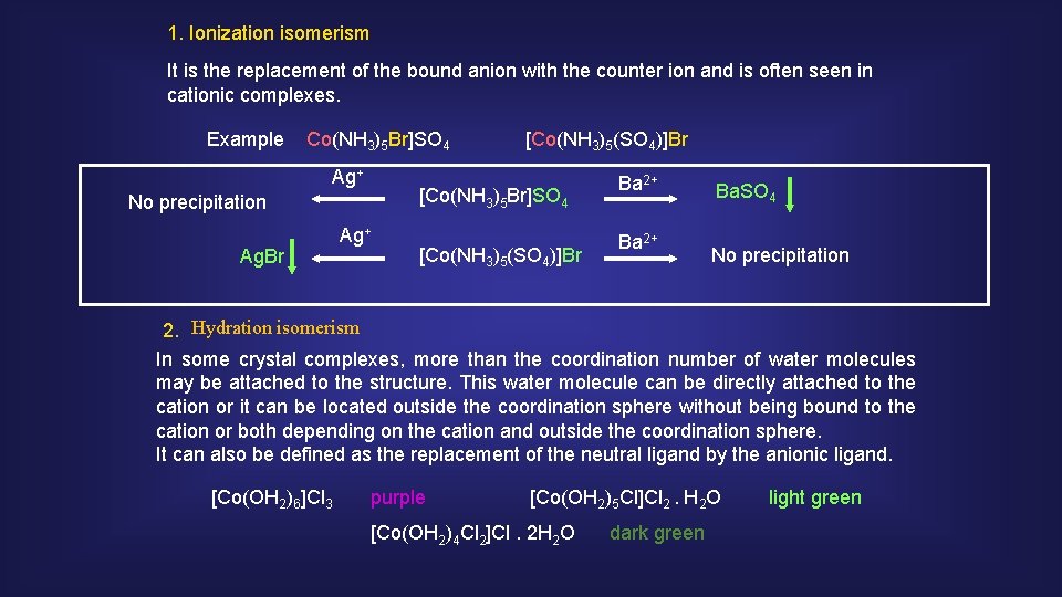 1. Ionization isomerism It is the replacement of the bound anion with the counter