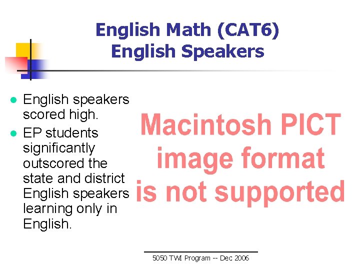 English Math (CAT 6) English Speakers l l English speakers scored high. EP students