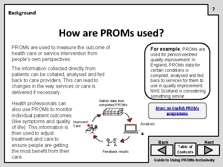 7 Background How are PROMs used? PROMs are used to measure the outcome of