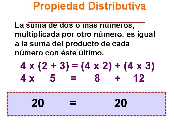 Propiedad Distributiva La suma de dos o más números, multiplicada por otro número, es