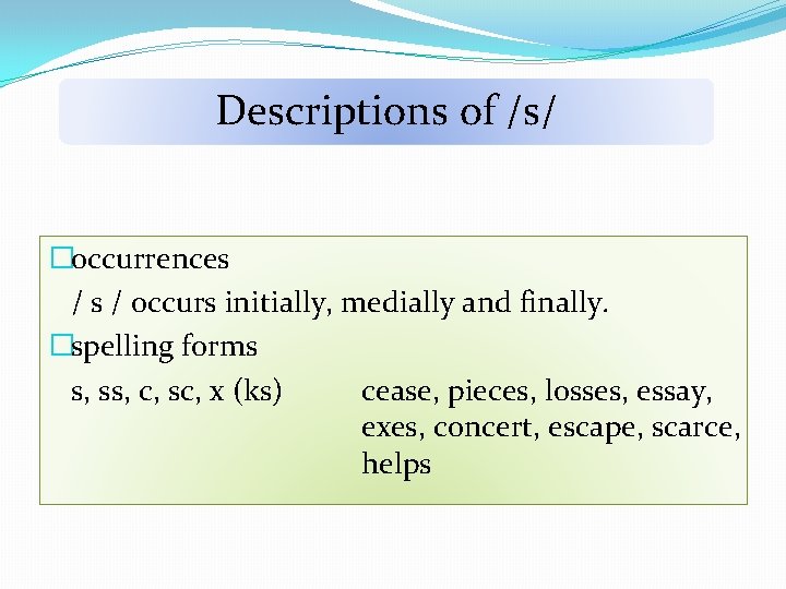 Descriptions of /s/ �occurrences / occurs initially, medially and finally. �spelling forms s, ss,