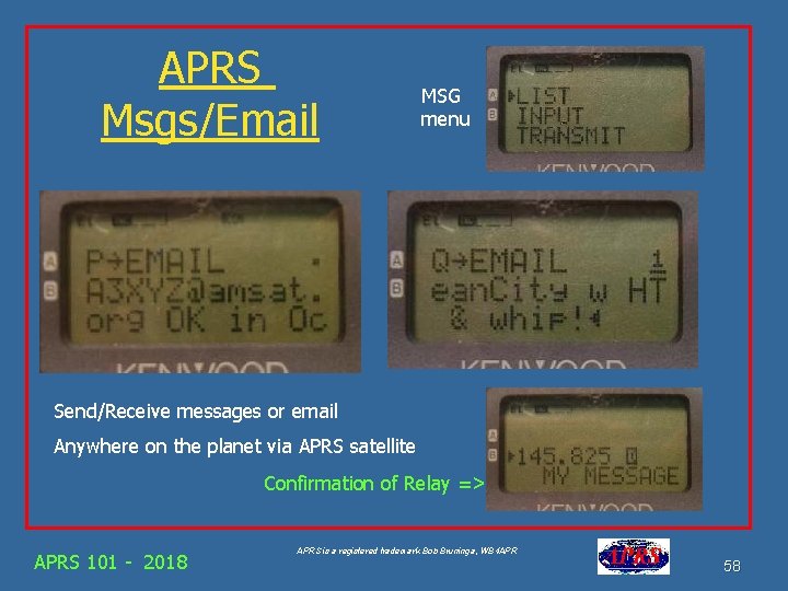 APRS Msgs/Email MSG menu Send/Receive messages or email Anywhere on the planet via APRS