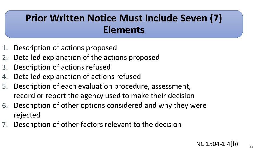 Prior Written Notice Must Include Seven (7) Elements Description of actions proposed Detailed explanation Prior Written Notice Must Include Seven (7) Elements Description of actions proposed Detailed explanation