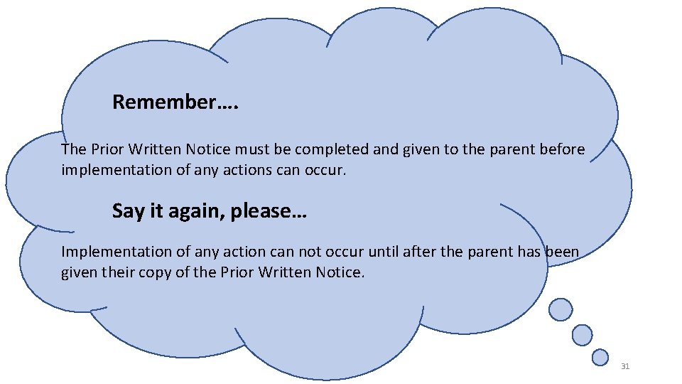 Remember…. The Prior Written Notice must be completed and given to the parent before Remember…. The Prior Written Notice must be completed and given to the parent before