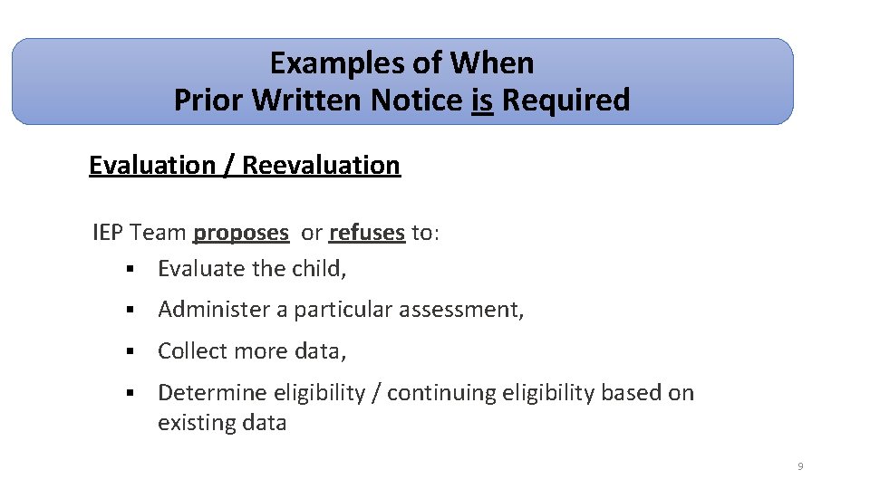 Examples of When Prior Written Notice is Required Evaluation / Reevaluation IEP Team proposes Examples of When Prior Written Notice is Required Evaluation / Reevaluation IEP Team proposes