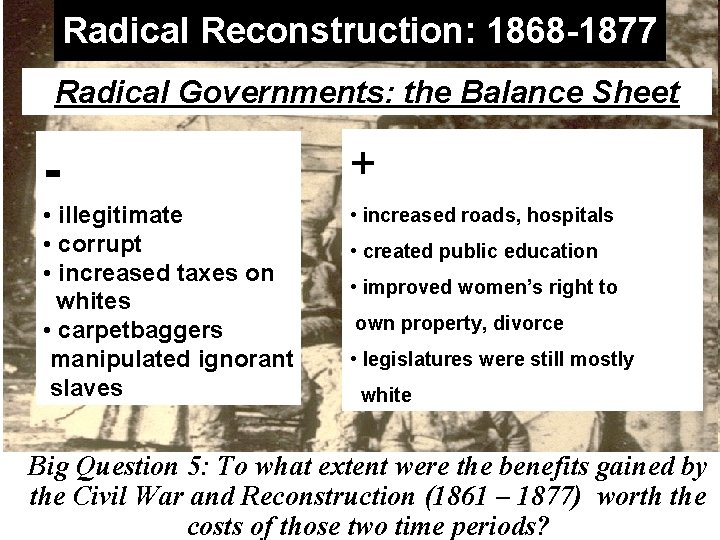 Radical Reconstruction: 1868 -1877 Radical Governments: the Balance Sheet - + • illegitimate •