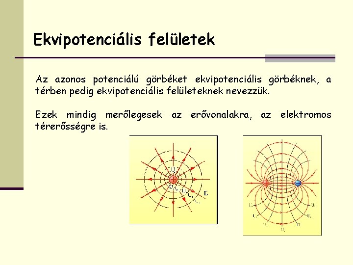 Ekvipotenciális felületek Az azonos potenciálú görbéket ekvipotenciális görbéknek, a térben pedig ekvipotenciális felületeknek nevezzük.