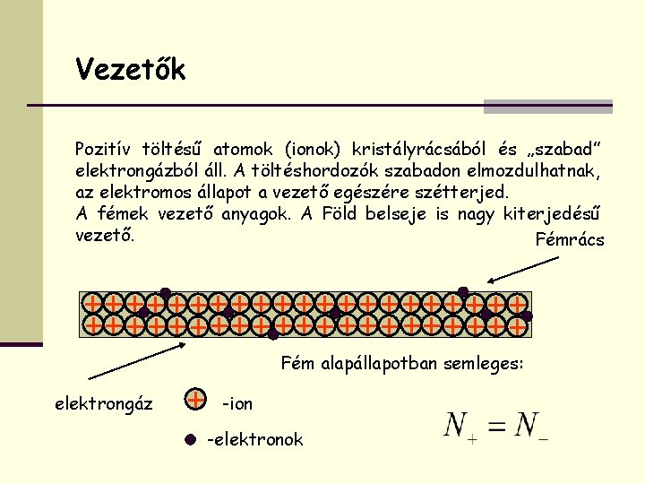 Vezetők Pozitív töltésű atomok (ionok) kristályrácsából és „szabad” elektrongázból áll. A töltéshordozók szabadon elmozdulhatnak,