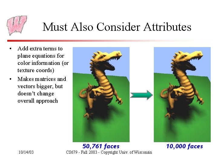 Must Also Consider Attributes • Add extra terms to plane equations for color information