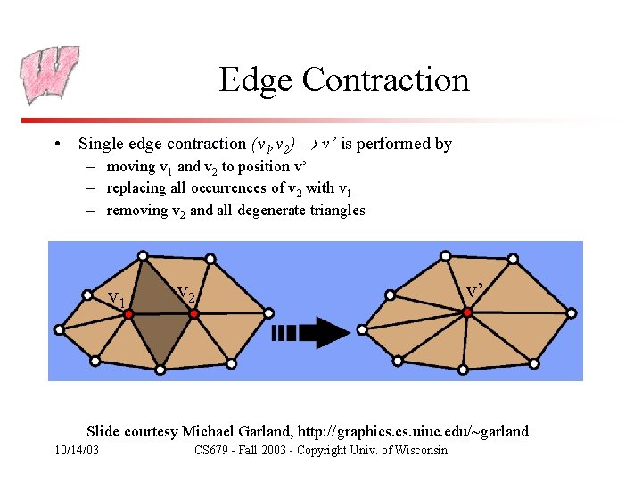 Edge Contraction • Single edge contraction (v 1, v 2) v’ is performed by