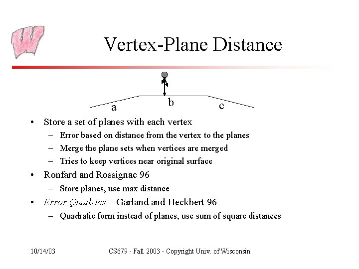 Vertex-Plane Distance a b c • Store a set of planes with each vertex