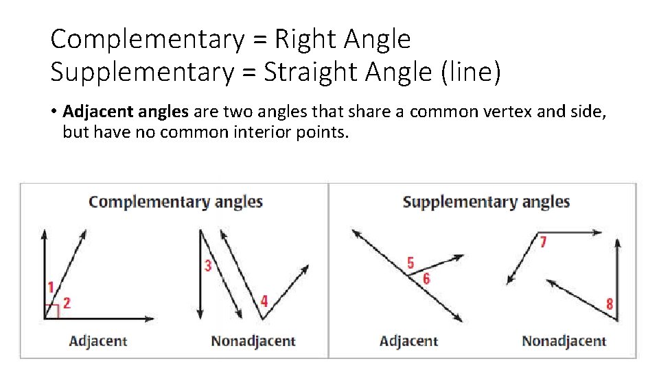 Complementary = Right Angle Supplementary = Straight Angle (line) • Adjacent angles are two