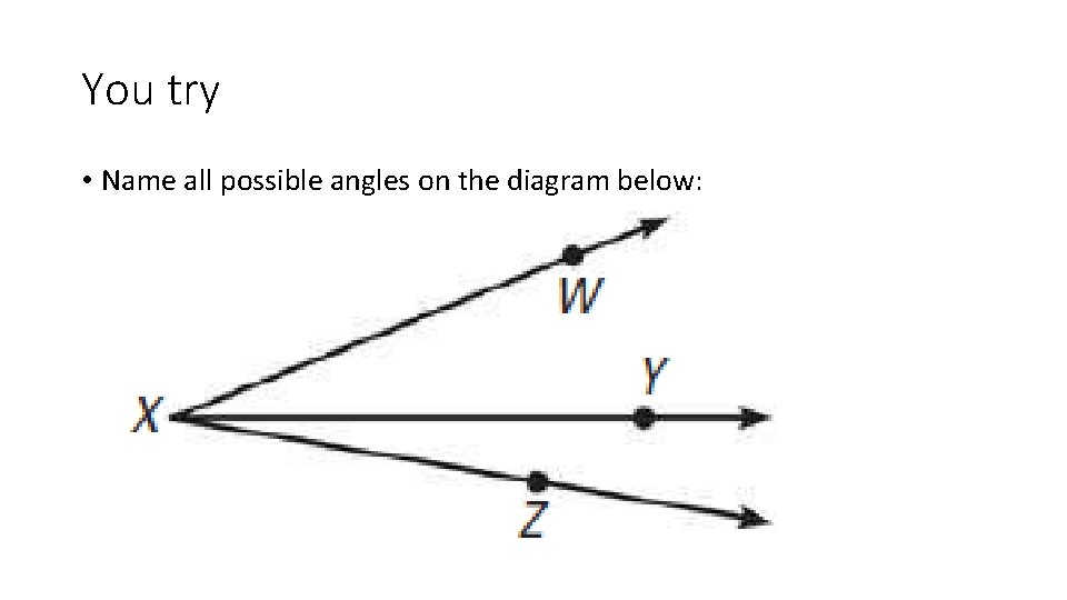 You try • Name all possible angles on the diagram below: 