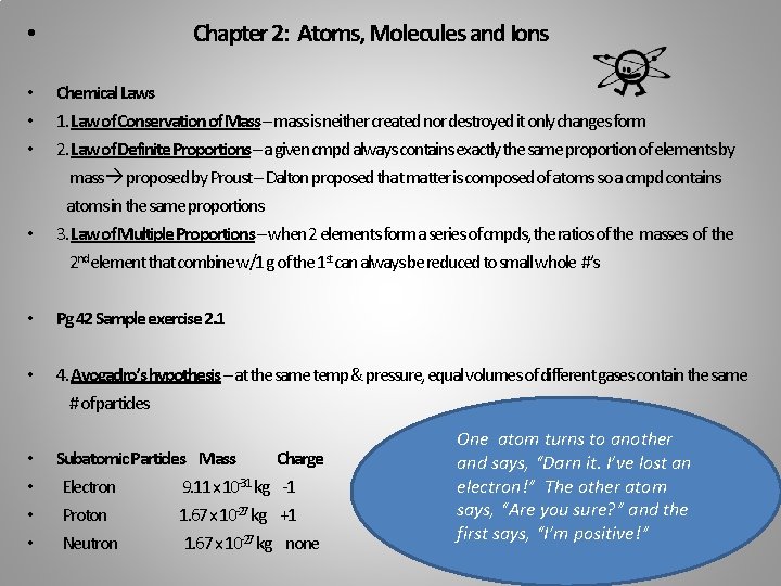  • • • Chapter 2: Atoms, Molecules and Ions Chemical Laws 1. Law