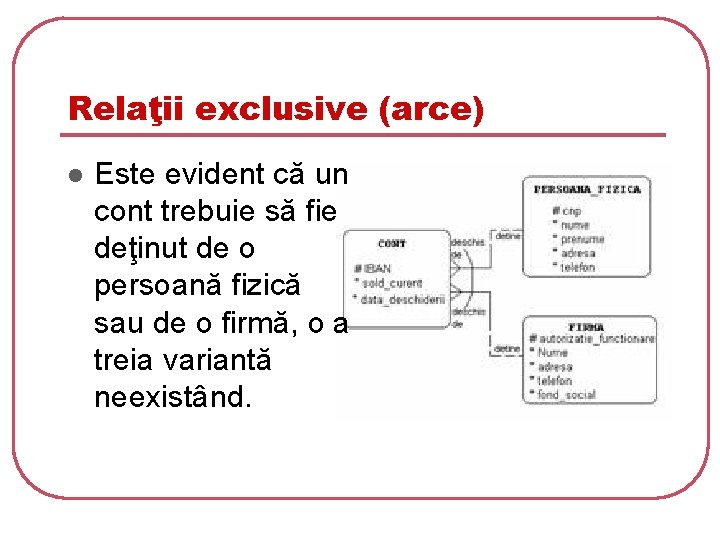 Relaţii exclusive (arce) l Este evident că un cont trebuie să fie deţinut de