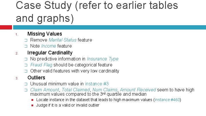 Case Study (refer to earlier tables and graphs) 1. Missing Values � � 2.