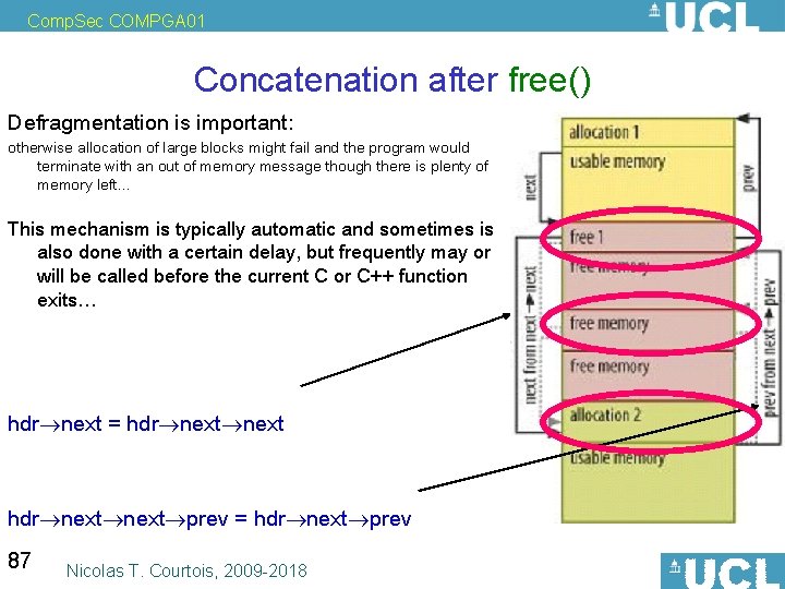 Comp. Sec COMPGA 01 Concatenation after free() Defragmentation is important: otherwise allocation of large